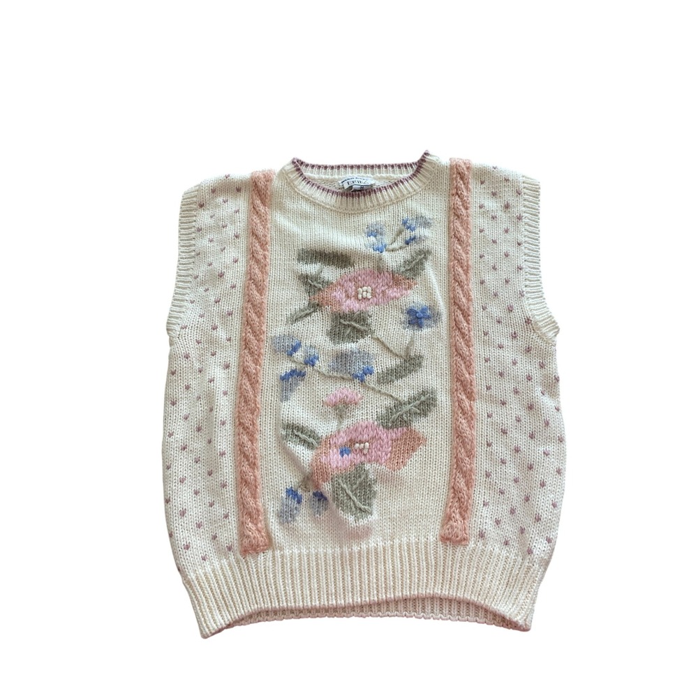 VNTG Erika Hand Knit Floral Beaded Sweater Vest Cottagecore Medium Grandmacore
